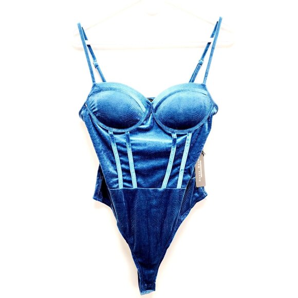 Blue Velvet Bodysuit With Adjustable Straps & Snap Closure - Size M Haute Monde - Picture 2 of 13